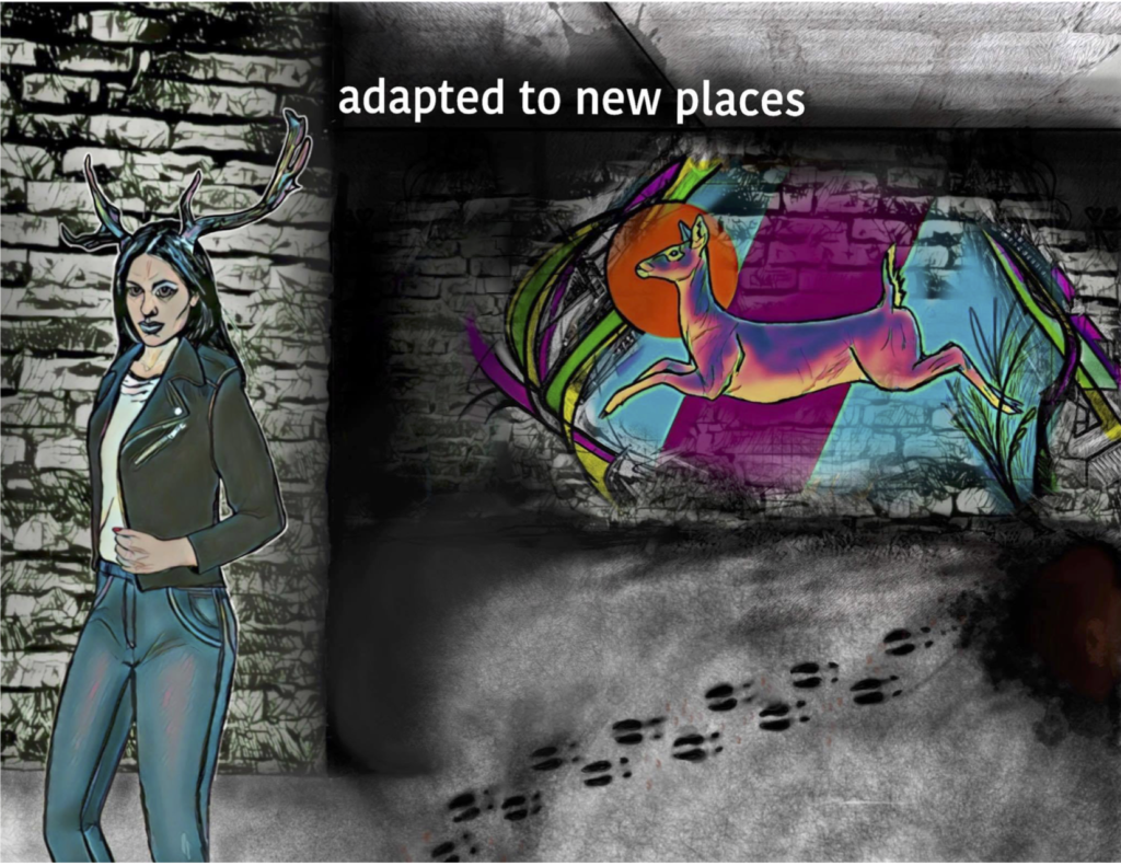 White sans-serif text reads “adapted to new places.”  Deerwoman is a young woman with antlers wearing jeans and a black jacket. She is in an urban setting, and is walking away from a wall where a leaping doe has been painted in bright graffiti. Deer hoofprints lead from a dark puddle on the ground to where she is. 