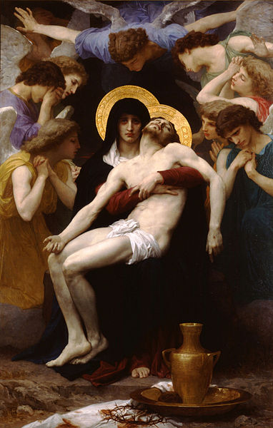 William-Adolphe Bougereau's 1876 oil-on-canvs Pieta, depicting a black robed and hooded, light skinned Madonna. The Madonna is seated, surrounded by nine grieving angles. In the top left corner, the fourth angel is shown in almost total darkness, hands clutching its head and covering its eyes. THe other angels express mourning with various positions of the hands: clockwise from lower left: held folded at the neck; held over the eyes; no hands visible, but looking down sadly; the fourth angel clutching the head in darkness; the fifth angel, hovering overhead with arms outstretched and held backward; arms cast low, head and eyes averted; hands clutched together and held at the temple; hands steepled in prayer beneath the chin, head inclined toward Madonna and Christ; hands folded upon the breast, eyes and face downcast.  The Madonna, under her black robe, wears a white garment of the same fabric and color as the Christ's loincloth, and a maroon or dark crimson long-sleeved garment. The Madonna supports the pale Christ upon her lap, arms crossed over the breast, beneath the limp arms of the Christ. The Christ has tawny hair and bear, but is hairless in the rest of the body. The feet are crossed over the bottom of the robe of the Madonna; the left (dexter) hand lies half open over the left (dexter) knee; the right (sinister) arms in bent at the elbow, and the hand hangs with index finger pointing loosely downward, the red wound visible upon the top of the hand. Any red wound in the side is perhaps suggested left (dexter), but covered by the sleeve of the Madonna. On the ground before Madonna and Christ, there is a vase with handles upon a dish, and with a white, lightly bloodstained cloth, a completely bloodied sponge, and crown of thorns laid about. Upon the vase, the inscription: IN MEMORIAM DILECTI MEI FILII GEORGII DIE XIX JULII ANNO MDCCCLXXV.