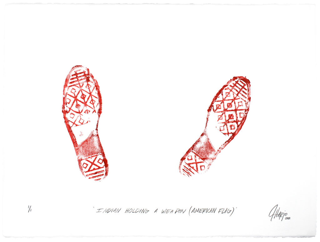 On creamwhite paper, in brightred ink, the imprint of footwear with a complex tread, made up of voided lozenges under the sole and heel, horizontal bars at the toe and end of the heel, and an oblique block under the arch beginning at the heel and ascending to the instep halfway up. Vertical bars transverse the voided lozenges along the sole, bisecting them. Both feet are splayed slightly outward, that on the right moreso. Beneath, in blackinked oblique print hand, "INDIAN HOLDING A WEAPON (AMERICAN FLAG)", and in the bottom right corner, the cursive signature J Harjo 2018", where the data is in subscript. 