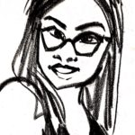 Nora is shown in black line drawing on white background. Nora has hair that falls somewhat below the shoulders, and wears cateye glasses and a tank or halter top. 