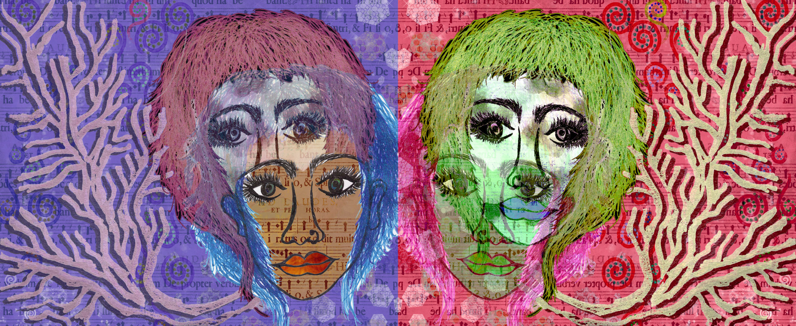 The artwork consists of two images side by side. They are horizontally flipped versions of the same picture, also edited with different colors, highlights, and shadows. The picture consists of two faces, one partly superimposed onto the other: a femme-presenting person with layered short hair (mostly chin-length with bangs), with striking eyelashes and eyebrows, also wearing a nose ring. To the side of the person's face, there is a tree-like structure (without leaves) branching out towards the edge of the picture. In the background, there are various swirls and hexagons set against stylized Lorem Ipsum text. The image on the left has a purple background; a mauve tree structure; and the two faces have blue and pink hair respectively. The face in front with blue hair has more dominant opacity, and the person's skin colour is brown. The face in back has ghostly white skin. The image on the right has a bright pink background; a dull green tree structure; and the two faces have green and pink hair respectively. The face in back with green hair has more dominant opacity, and the person's skin colour is ghostly white. The face in front has dull brown skin, but is quite faded.