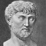 Detail from an engraving of a bust of Lucretius; Lucretius has curly hair and beard, thin eyebrows, and large almondshape eyes, in which the pupils are only slightly visible.