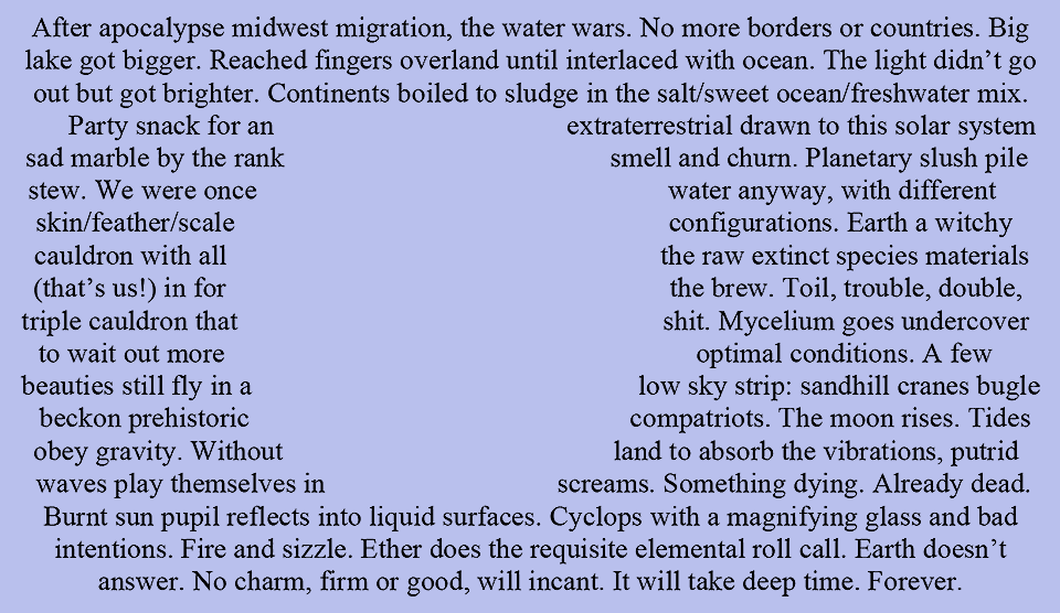 The text of the following poem is arranged so that in the center is a blank nearly circular space.

Text: 

After apocalypse midwest migration, the water wars. No more borders or countries. Big
lake got bigger. Reached fingers overland until interlaced with ocean. The light didn’t go
out but got brighter. Continents boiled to sludge in the salt/sweet ocean/freshwater mix.
Party snack for an extraterrestrial drawn to this solar system
sad marble by the rank smell and churn. Planetary slush pile
stew. We were once water anyway, with different
skin/feather/scale configurations. Earth a witchy
cauldron with all the raw extinct species materials
(that’s us!) in for the brew. Toil, trouble, double,
triple cauldron that shit. Mycelium goes undercover
to wait out more optimal conditions. A few
beauties still fly in a low sky strip: sandhill cranes bugle
beckon prehistoric compatriots. The moon rises. Tides
obey gravity. Without land to absorb the vibrations, putrid
waves play themselves in screams. Something dying. Already dead.
Burnt sun pupil reflects into liquid surfaces. Cyclops with a magnifying glass and bad
intentions. Fire and sizzle. Ether does the requisite elemental roll call. Earth doesn’t
answer. No charm, firm or good, will incant. It will take deep time. Forever.